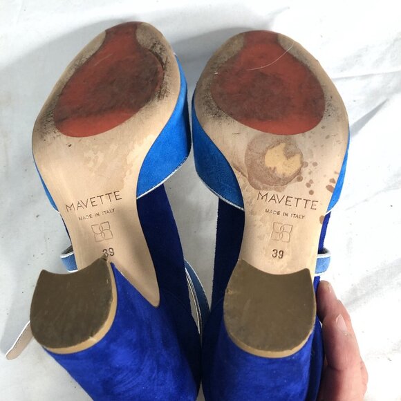 Mavette Shoes Womens 7.5 Blue Suede Nala D'orsay Pump Round Toe  Silver Piping - Picture 6 of 16